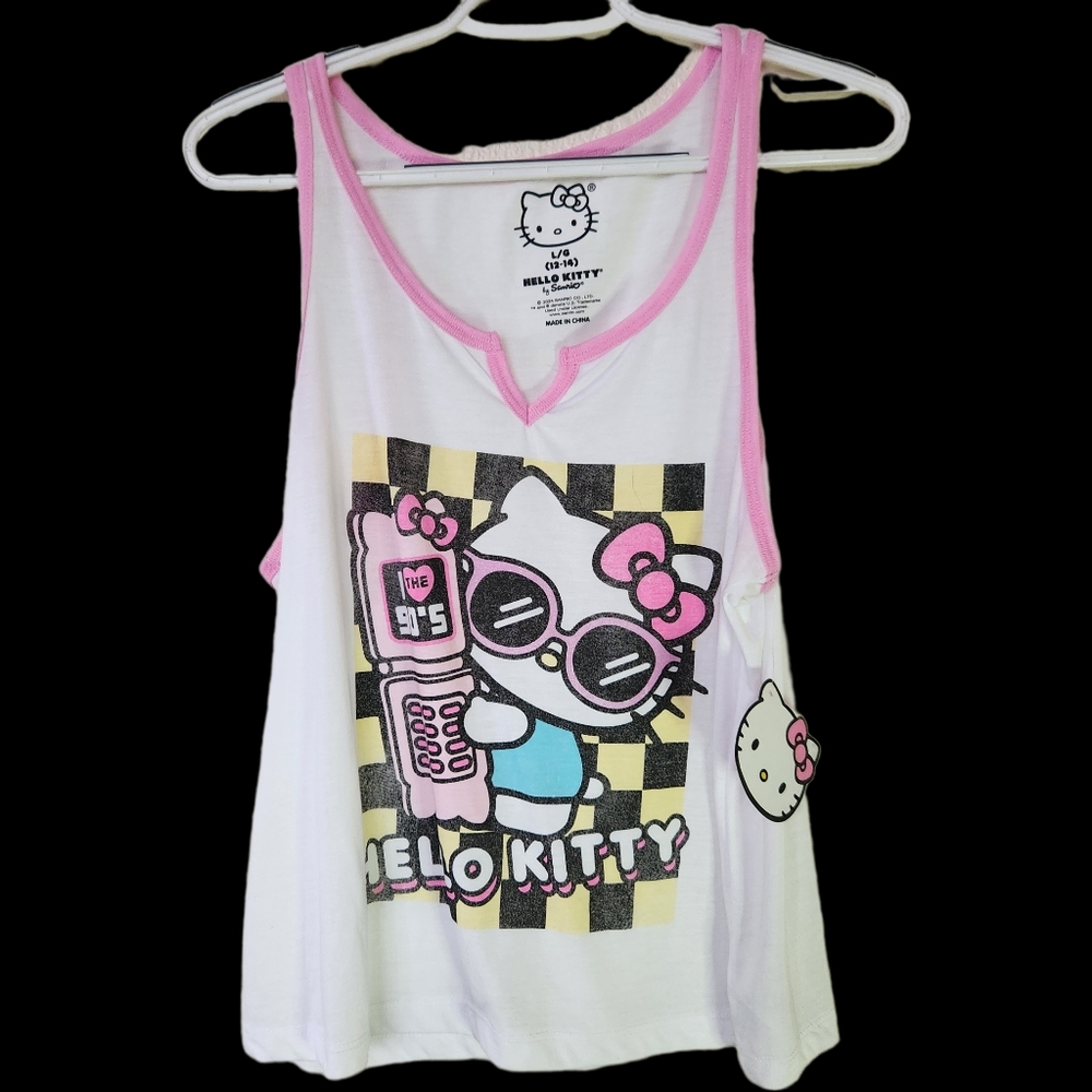 🔥Hello Kitty Womens Tank Top Checkered White Pink Black Size Large NWT